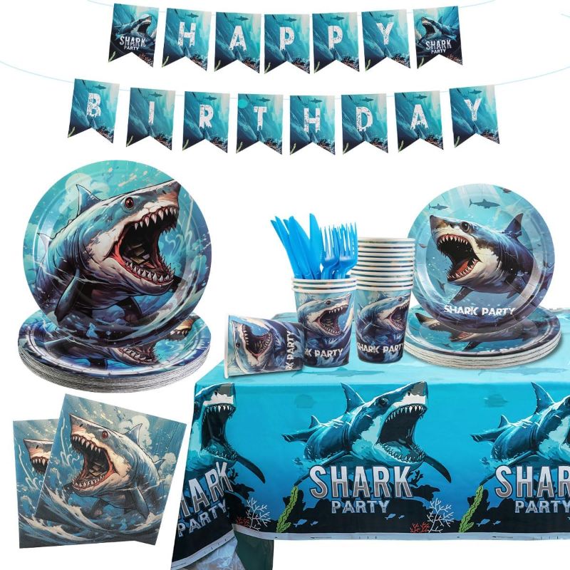 Photo 1 of Shark Birthday Party Decorations Cups, Table Cover, Napkins, Plates, Banners, Toppers, Utensils Straws 