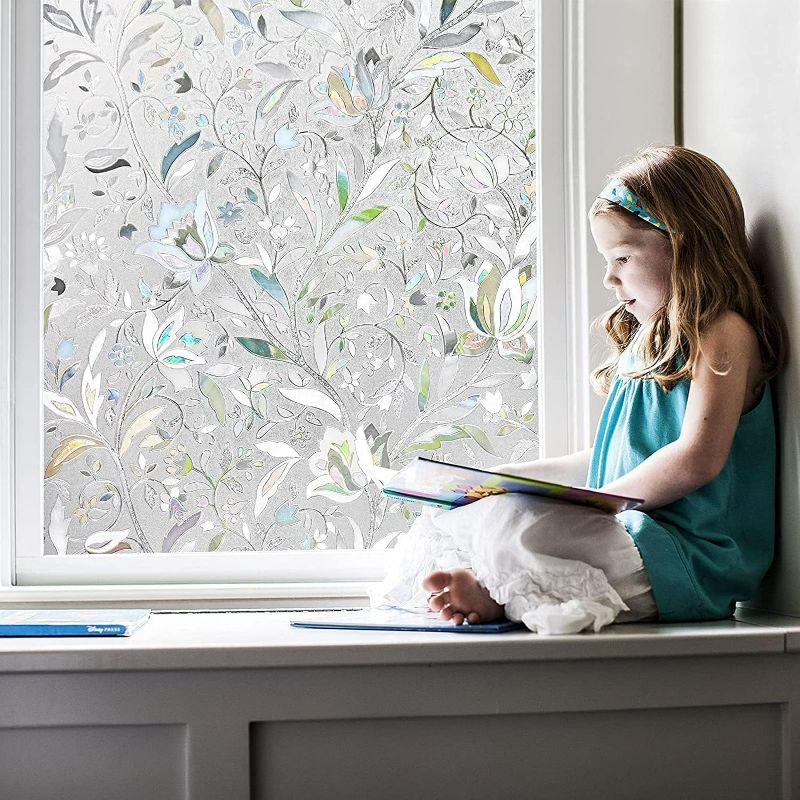 Photo 1 of Sun Block Frosted Window Glass Door Film Flower Decorative Window Sticker Non Glue Privacy Removable Glass Film for Bathroom Office Shower 17.7 x 78.7 Inches
