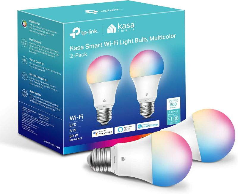 Photo 1 of Kasa Smart Light Bulbs, Full Color Changing Dimmable Smart WiFi Bulbs Compatible with Alexa and Google Home, A19, 60 W 800 Lumens,2.4Ghz only, No Hub Required, 2-Pack (KL125P2), Multicolor
