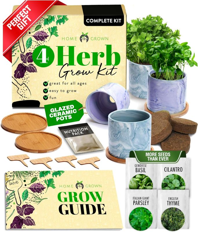 Photo 1 of HOME GROWN Indoor Herb Garden Kit w/ Glazed Ceramic Pot - Easy-to-Grow Kitchen Window Gardening Starter Set - Unique Housewarming Gift for Women, Mom, Gardeners, Friend, Her, Mother
