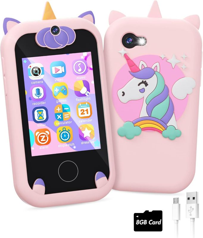 Photo 1 of Kids Smart Phone for Girls Unicorns Gifts for Girls Toys 8-10 Years Old Phone Touchscreen Learning Toy Christmas Birthday Gifts for 3 4 5 6 7 8 9 Year Old Girls with 8G Memory Card
