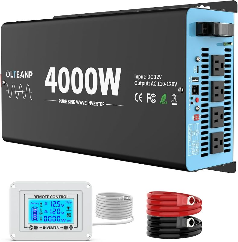 Photo 1 of 2024 New Upgraded 4000 Watts Pure Sine Wave Inverter, 12V DC to 110V AC Power Inverter with 4 AC Outlets, USB Port, Type-C Port for Truck, Vehicle, Power Outage, Remote Control with LCD Screen
