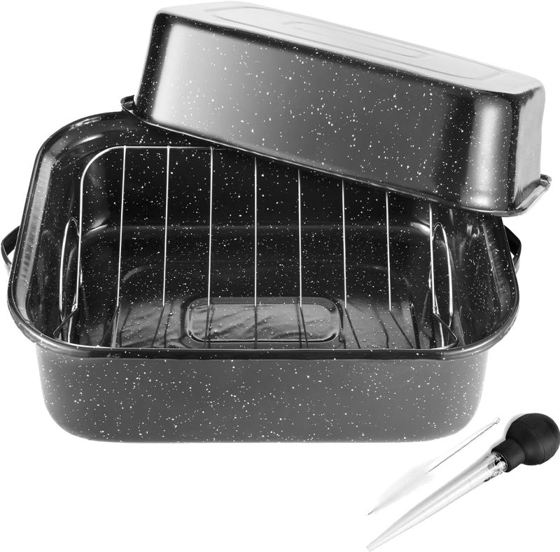 Photo 1 of Roasting Pan With Lid and Rack, 21” Rectangular Roasting Pan, 25lb Turkey Roaster Pot, Large Oven Roaster Tray for Baking Turkey, V-Rack and Versatile Lid Bone Turkey Baster by JY COOKMENT
