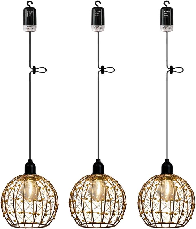 Photo 1 of 3X Battery Operated Pendant Lights Kitchen Island Wireless Chandelier for Gazebo Hanging Lamp with Remote Timer LED Bulbs Globe Shade Ceiling Drop Outdoor Lantern for Bedroom Porch
