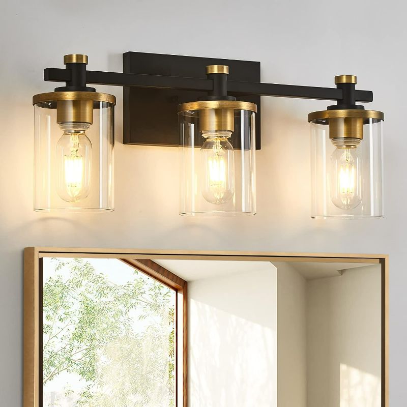 Photo 1 of DADUL 3 Light Bathroom Light Fixtures Over Mirror, Gold and Black Bathroom Vanity Lights, Vintage Industrial Light Fixtures with Clear Glass Shade, Gold Wall Sconces for Bathroom, Bedroom
