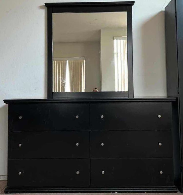 Photo 1 of ASHLEY FURNITURE 6 DRAWER DRESSER BLACK OAK WITH MIRROR  (DRESSER 63” x 16 1/2 x 34 1/2”