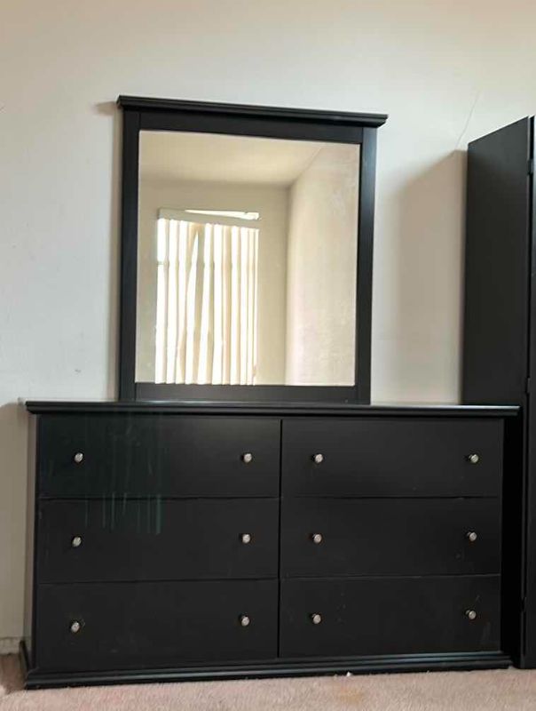 Photo 2 of ASHLEY FURNITURE 6 DRAWER DRESSER BLACK OAK WITH MIRROR  (DRESSER 63” x 16 1/2 x 34 1/2”