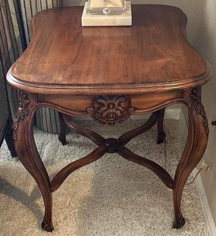 Photo 1 of ORNATELY CARVED WOOD SIDE TABLE 24” x 27” x 26”