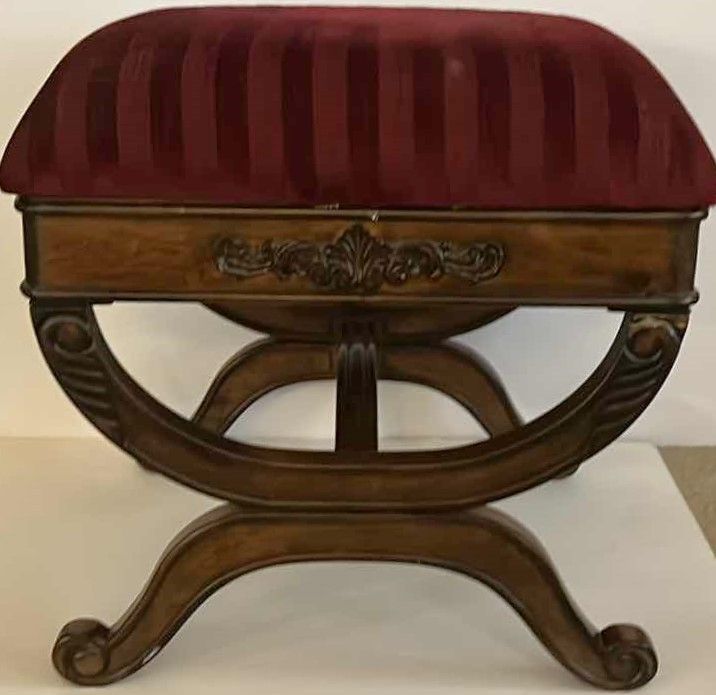 Photo 1 of VINTAGE CARVED WOOD BENCH WITH UPHOLSTERED TOP 22” x 19”