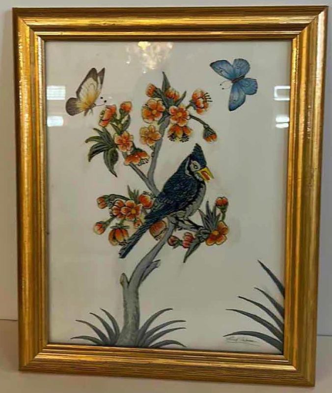 Photo 1 of HOME DECOR- SIGNED ORIGINAL ARTWORK, BLUEJAY AND BUTTERFLIES ARTWORK, GOLD FRAMED 13 1/2” x 16 1/2