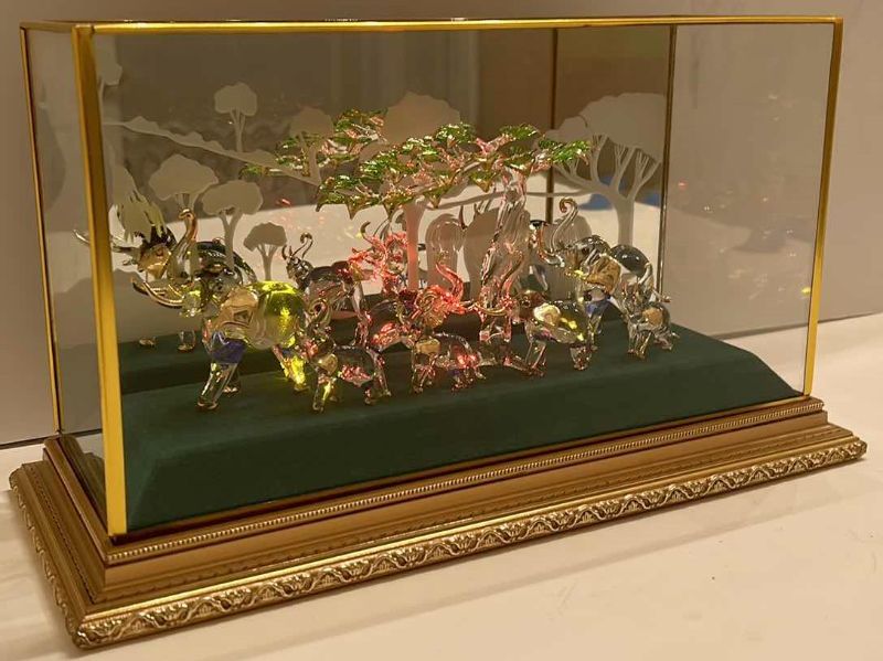 Photo 1 of LIGHTED DISPLAY BOX WITH GLASS ELEPHANTS 13 1/2“ x 5 1/2“ x 7 1/2