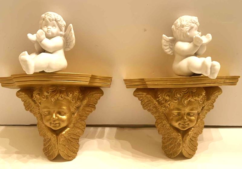 Photo 1 of GOLD SCONCES AND PORCELAIN ANGELS 7” x 3 1/4” x 5 1/2”