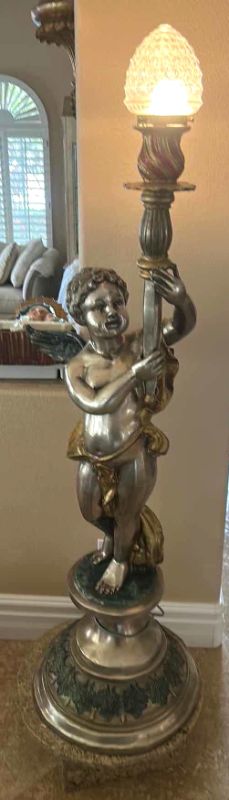 Photo 1 of ANTIQUE HEAVY METAL VICTORIAN CHERUB PEDESTAL LIGHTING FIXTURE ON MARBLE STAND H69”