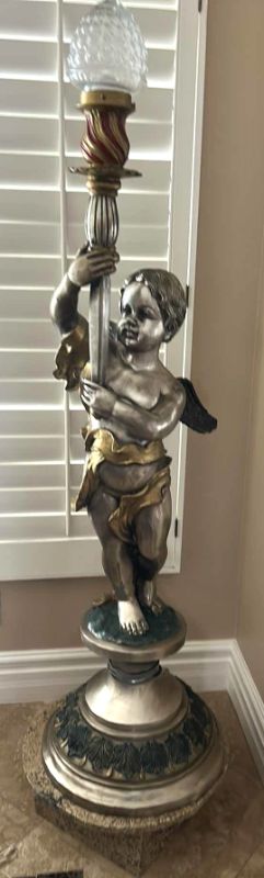 Photo 1 of ANTIQUE HEAVY METAL VICTORIAN CHERUB PEDESTAL LIGHTING FIXTURE ON MARBLE STAND H69”