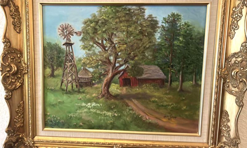Photo 1 of SIGNED OIL ON CANVAS “RED BARN AND WINDMILL ORNATE GOLD FRAMED 28 1/2” x 25