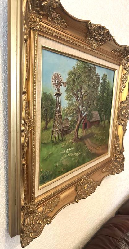 Photo 8 of SIGNED OIL ON CANVAS “RED BARN AND WINDMILL ORNATE GOLD FRAMED 28 1/2” x 25