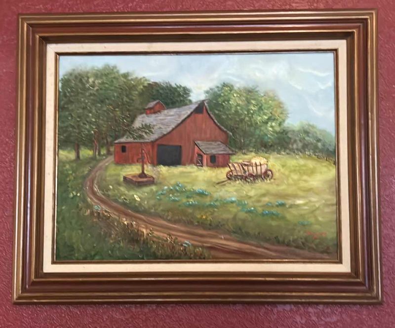 Photo 1 of SIGNED OIL ON CANVAS “RED BARN” WOOD FRAMED 31” x 25”