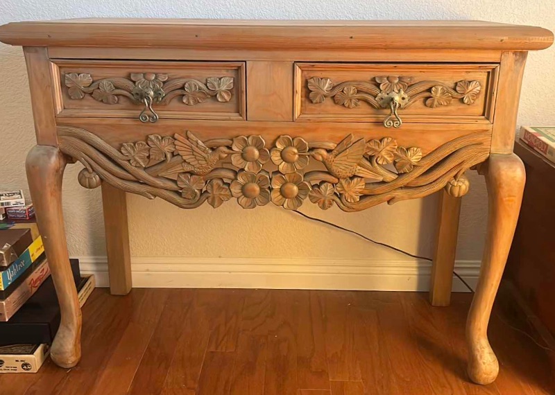 Photo 1 of CARVED WOOD ENTRY TABLE WITH TWO DRAWERS 42” x 17” x 32”