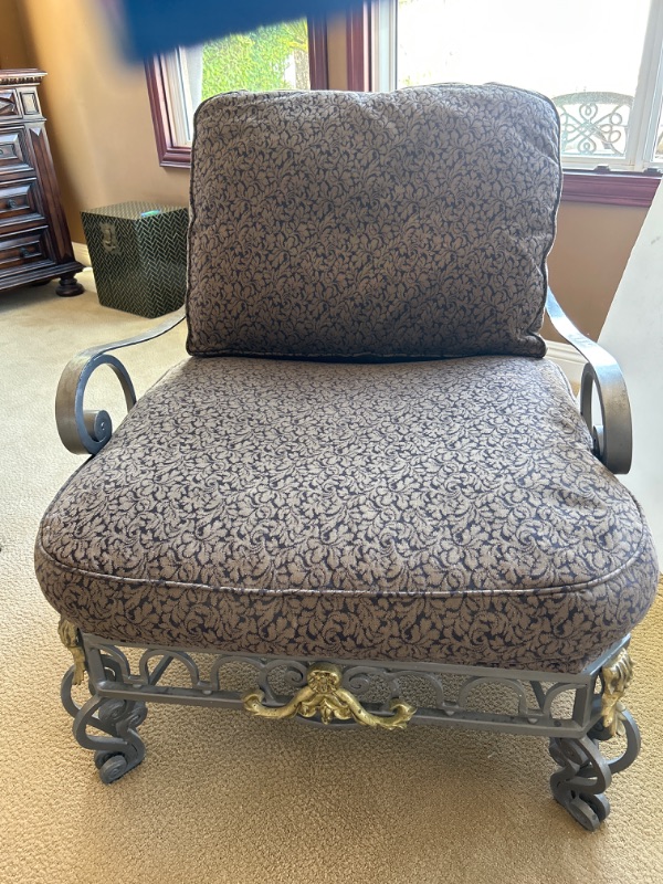 Photo 10 of VERY HEAVY METAL, SILVER AND GOLD CHAIR  WITH DEEP RICH BLUE AND BEIGE FABRIC BY PULASKI FURNITURE COMPANY
(OTTOMAN SOLD SEPARATELY)
