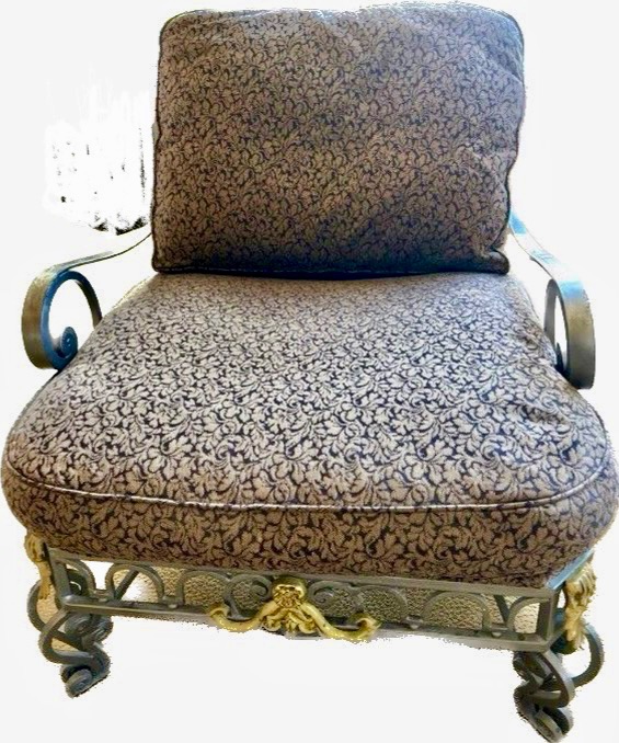 Photo 1 of VERY HEAVY METAL, SILVER AND GOLD CHAIR  WITH DEEP RICH BLUE AND BEIGE FABRIC BY PULASKI FURNITURE COMPANY
(OTTOMAN SOLD SEPARATELY)