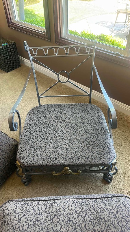 Photo 4 of VERY HEAVY METAL, SILVER AND GOLD CHAIR  WITH DEEP RICH BLUE AND BEIGE FABRIC BY PULASKI FURNITURE COMPANY
(OTTOMAN SOLD SEPARATELY)