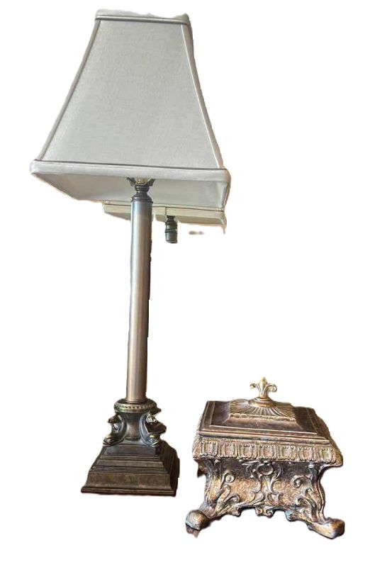 Photo 1 of METAL TABLE LAMP AND ORNATE BOX DECOR H29”