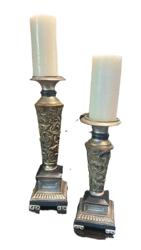 Photo 1 of HOME DECOR- GOLD & SILVER TONED CANDLE HOLDERS WITH CANDLES (TALLEST 22” WITH CANDLE