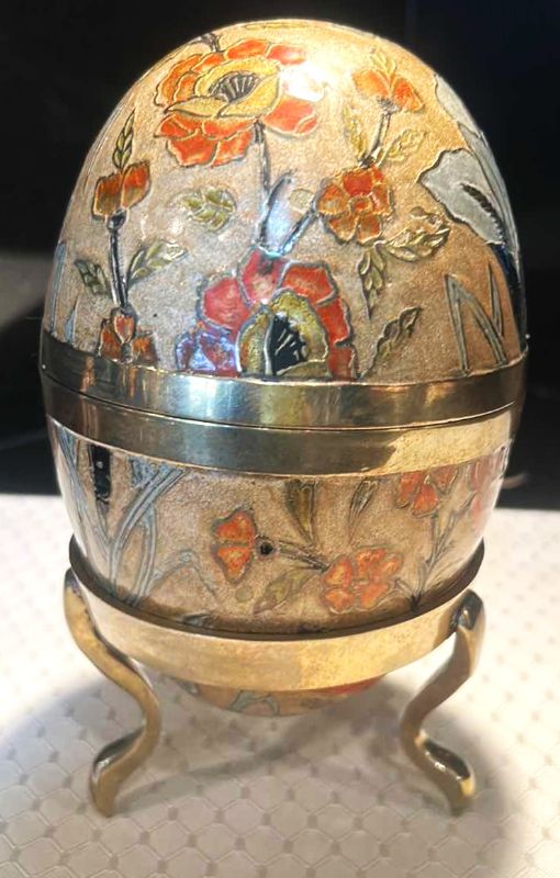 Photo 9 of LARGE HAND PAINTED BRASS EGG WITH BRASS STAND 7 1/4"