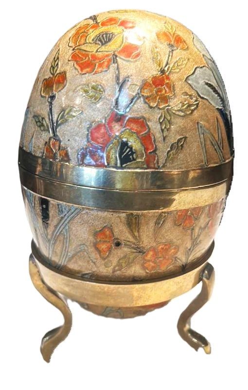 Photo 1 of LARGE HAND PAINTED BRASS EGG WITH BRASS STAND 7 1/4"