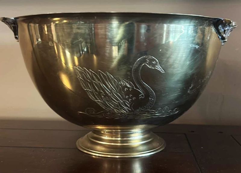 Photo 7 of BRASS BOWL WITH SWAN ETCHING 12 1/2” x 6 3/4”