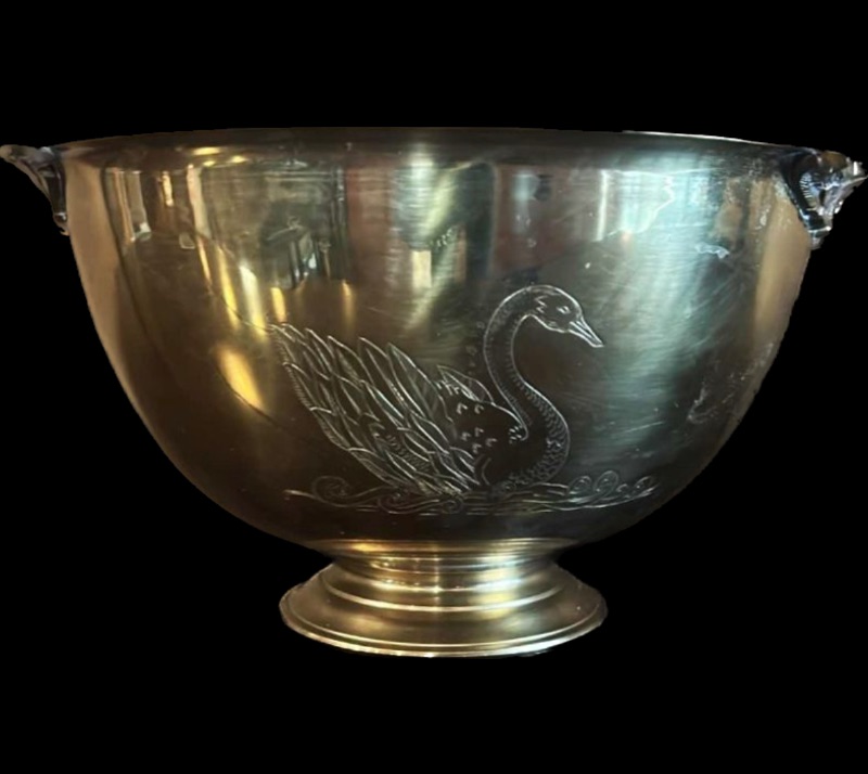 Photo 1 of BRASS BOWL WITH SWAN ETCHING 12 1/2” x 6 3/4”