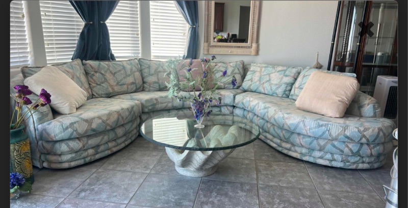 Photo 1 of CURVED BACK PASTEL SECTIONAL SOFA  WITH 3 TOSS PILLOWS (ALL ELSE SOLD SEPARATELY)  SECTION 1, 42 “ 2, 88” 3x 90” DEPTH 36” HEIGHT 30”