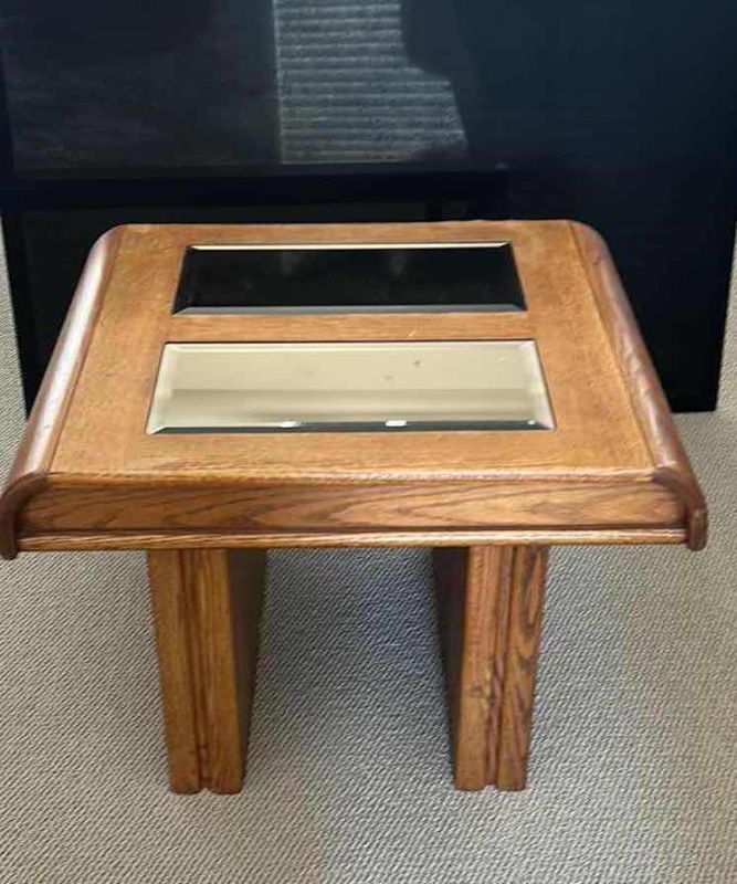 Photo 1 of MID CENTURY MODERN OAK ACCENT TABLE W GLASS INSETS 29” x 24” x 20”