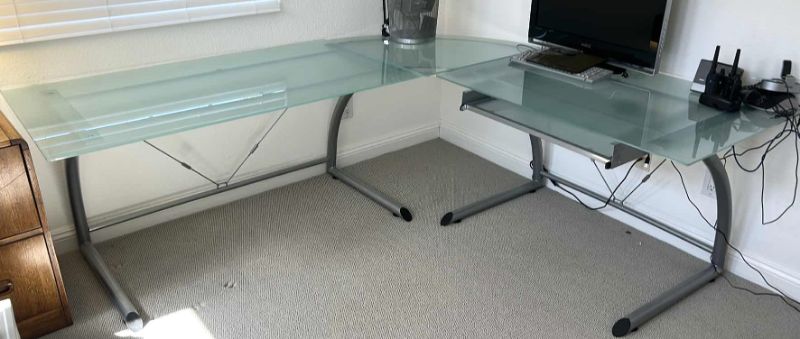 Photo 1 of MODERN CHROME AND FROSTED TEMPERED GLASS CORNER DESK (ALL ELSE SOLD SEPARATELY 86 1/2” x 74 1/4” x 29”