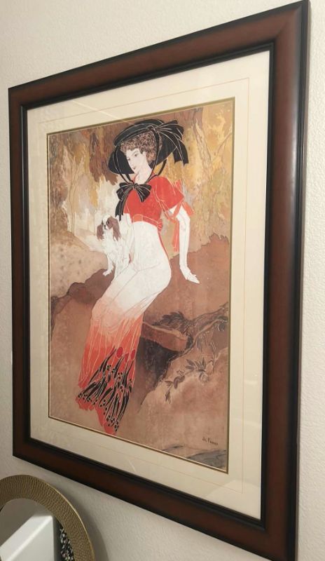 Photo 1 of WOOD FRAMED “LADY AND DOG” SIGNED de FEURE ARTWORK 36” x 46”