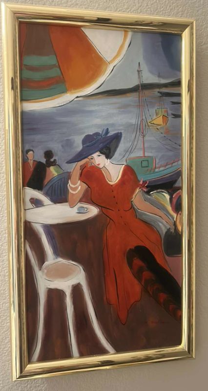Photo 1 of GOLD FRAMED OIL ON CANVAS “LADY IN RED”  SIGNED M. BUDIN ARTWORK 14“ x 26“