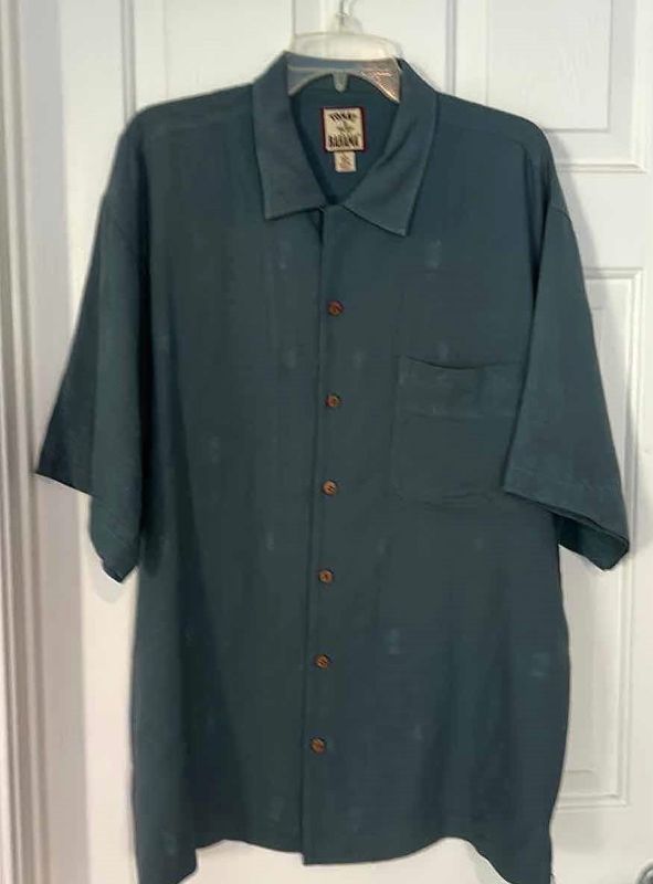 Photo 1 of MENS CLOTHING- TOMMY BAHAMAS SLATE BLUE WITH SMALL PALM TREES 100% SILK SHIRT SIZE LARGE