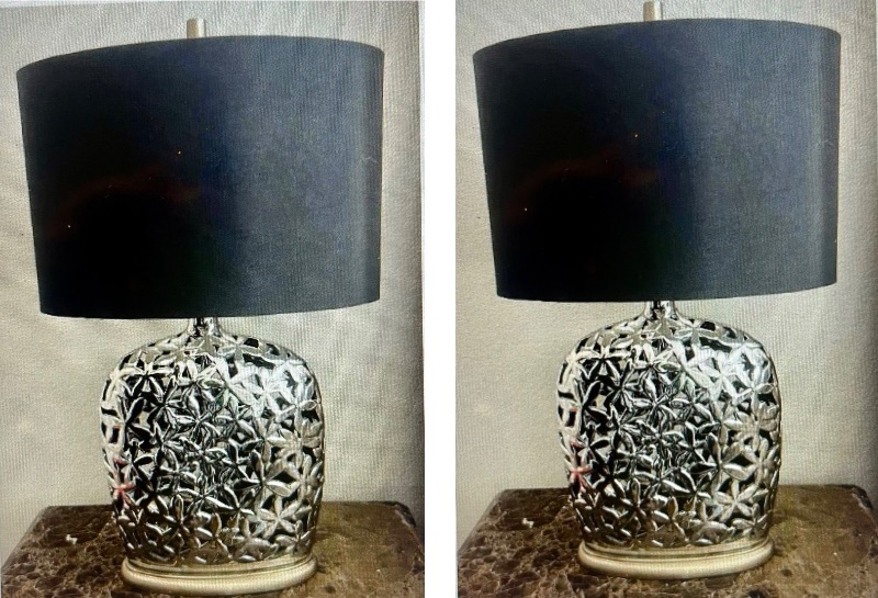 Photo 1 of 2 SILVER SCULPTED TABLE LAMPS WITH BKACK SHADES H30”