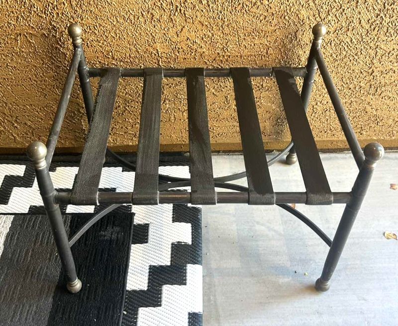 Photo 1 of 2 SMALL BENCH SEATS METAL BENCHES WITH LEATHER SLATS 23 1/2” x 18” x 18”