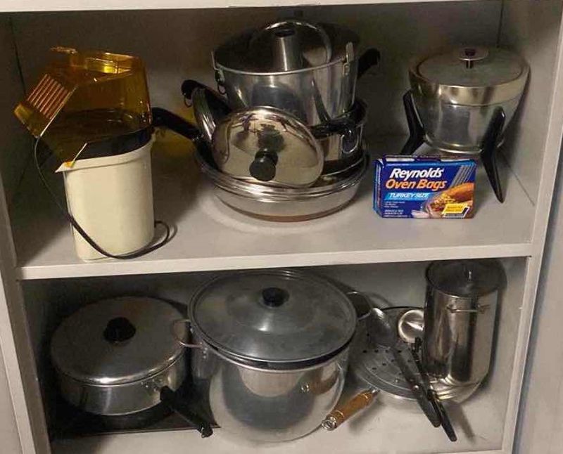 Photo 1 of CONTENTS OF TWO SHELVES IN GARAGE - POTS & PANS