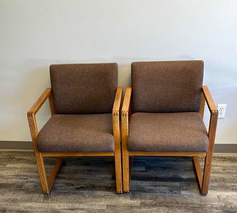 Photo 1 of 2-OAK TRIMMED W UPHOLSTERY ARM CHAIRS