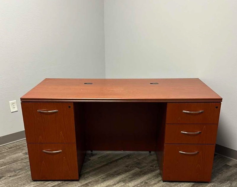 Photo 1 of STRAIGHT FRONT CHERRY OFFICE DESK W FILE DRAWERS 5’ X 30” H29”  (NO KEYS TO FILES)