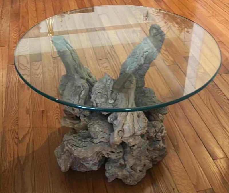 Photo 1 of UNIQUE NATURAL FREEFORM WOOD & GLASS TOP SMALL ACCENT TABLE 2’ x 18”