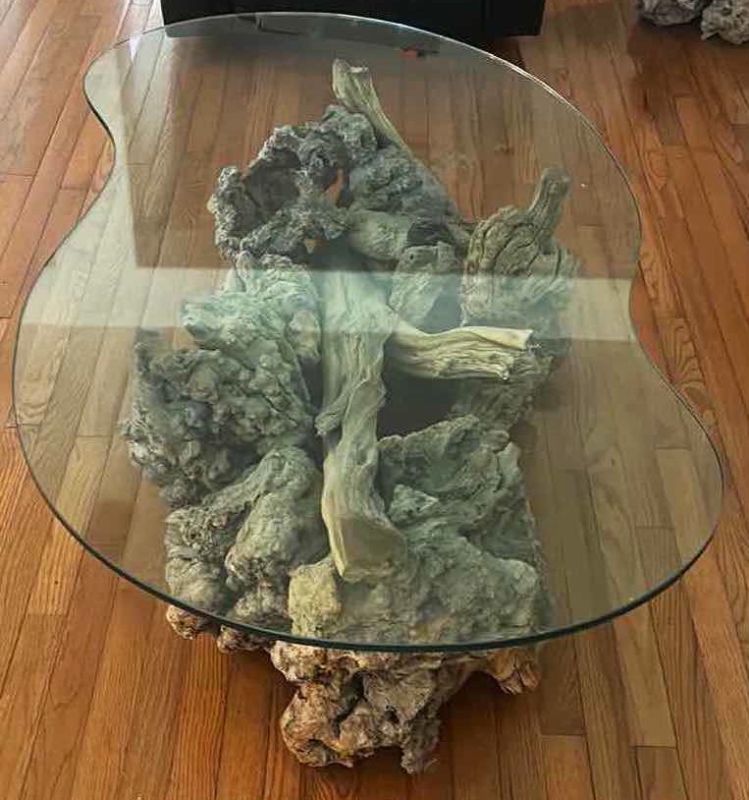 Photo 1 of UNIQUE GLASS TOP NATURAL WOOD DESIGN COFFEE TABLE 59“ x 35“ x 15 1/2“