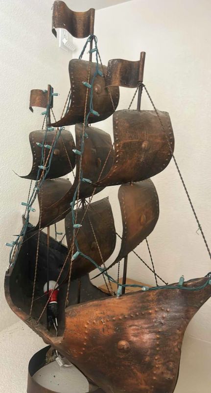 Photo 1 of LARGE TIN CLIPPER SHIP SCULPTURE WITH REMOVABLE LIGHTS 3‘ x 46”
