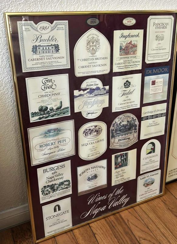 Photo 1 of FRAMED "WINES OF THE NAPA VALLEY" WINE LABELS ARTWORK 19” x 26”