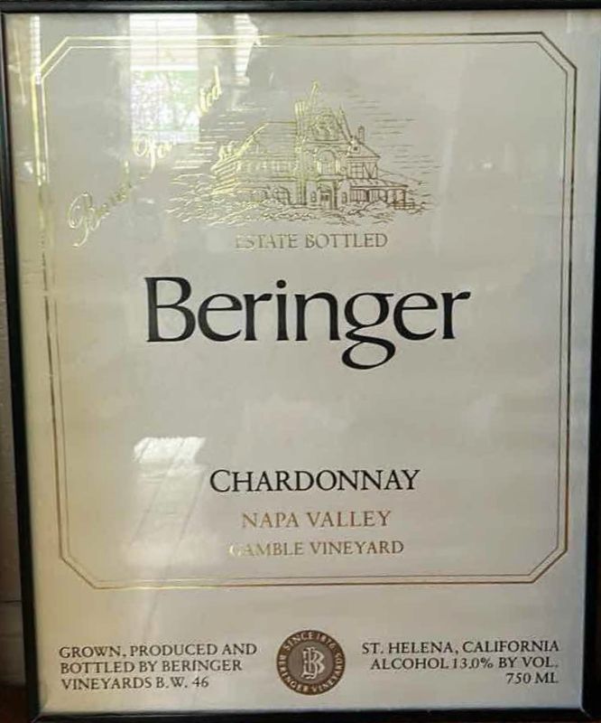 Photo 2 of FRAMED "BERINGER BARREL LABEL" CHARDONNAY NAPA VALLEY ARTWORK 16” x 20 1/2”