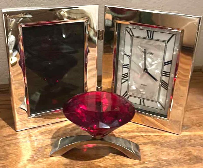 Photo 1 of QUARTZ PICTURE FRAME CLOCK AND RED CUT GLASS FACETED JEWEL (FRAME 4 1/2” x 6 1/2”)