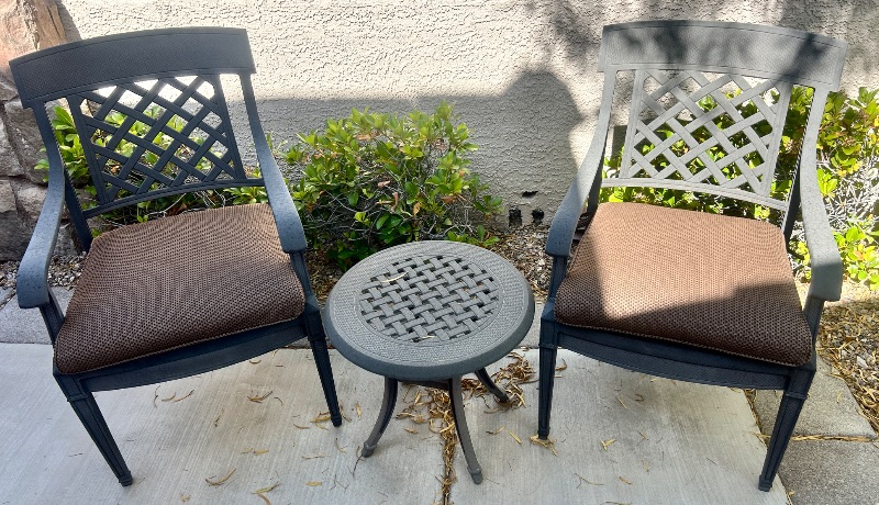 Photo 1 of 2 HEAVY METAL OUTDOOR PATIO CHAIRS H37” & TABLE 30” x 29”