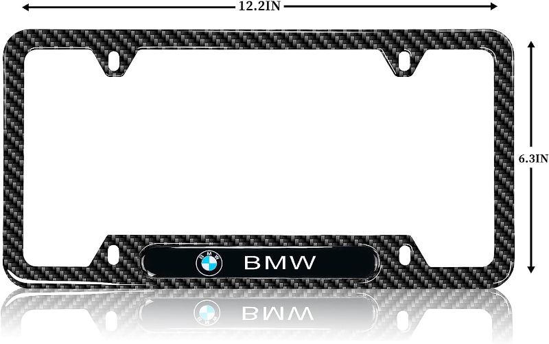 Photo 2 of 2PCS Black License Plate Frames for BMW, Carbon Fiber License Plate Holder Bracket, Premium Aluminum Alloy Weather Proof License Plate Covers with Screw Caps Set Car Accessories